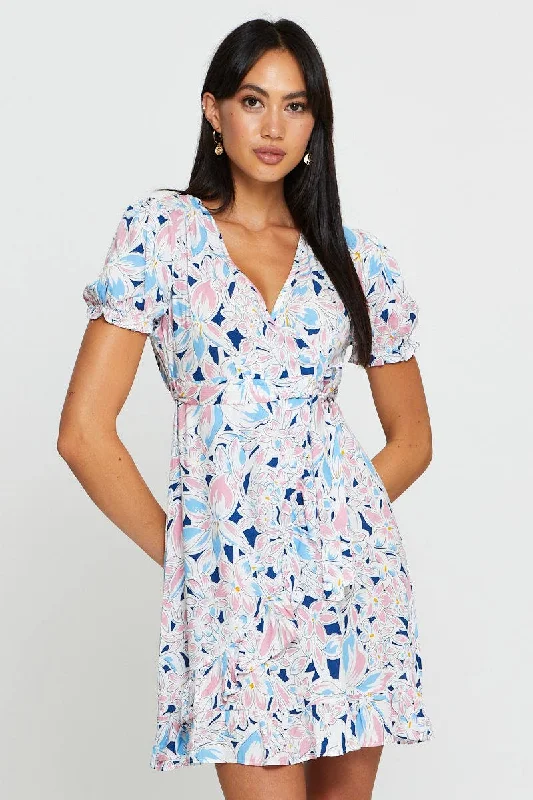 Print Mini Dress Short Sleeve Fit And Flare