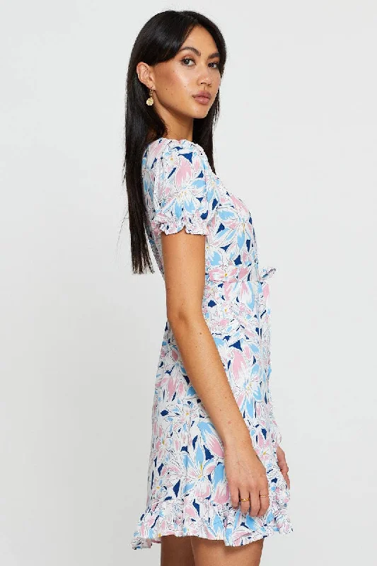 Print Mini Dress Short Sleeve Fit And Flare