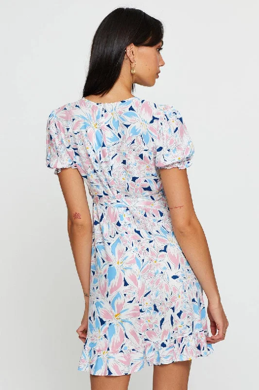 Print Mini Dress Short Sleeve Fit And Flare