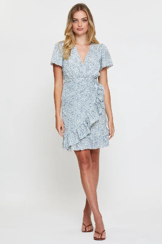 Print Wrap Dress Short Sleeve V Neck