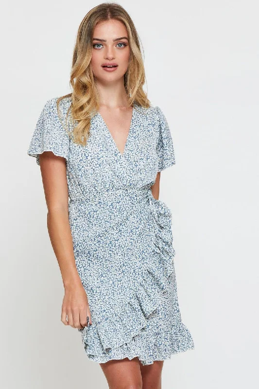 Print Wrap Dress Short Sleeve V Neck