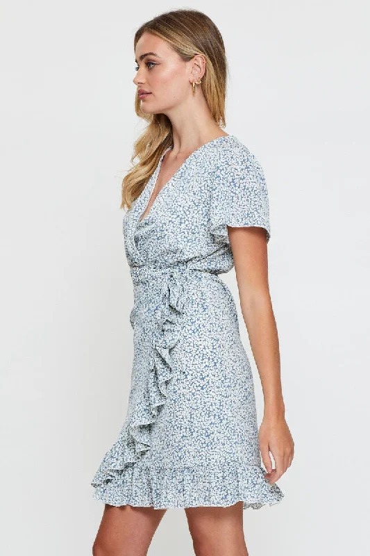 Print Wrap Dress Short Sleeve V Neck