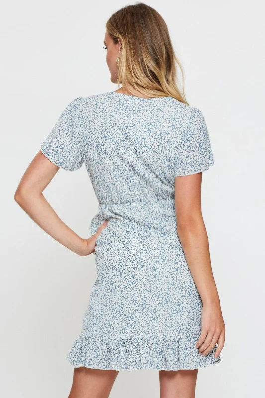 Print Wrap Dress Short Sleeve V Neck