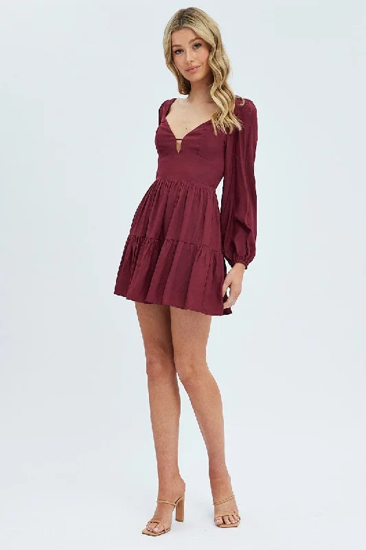 Purple Fit And Flare Dress Long Sleeve Mini