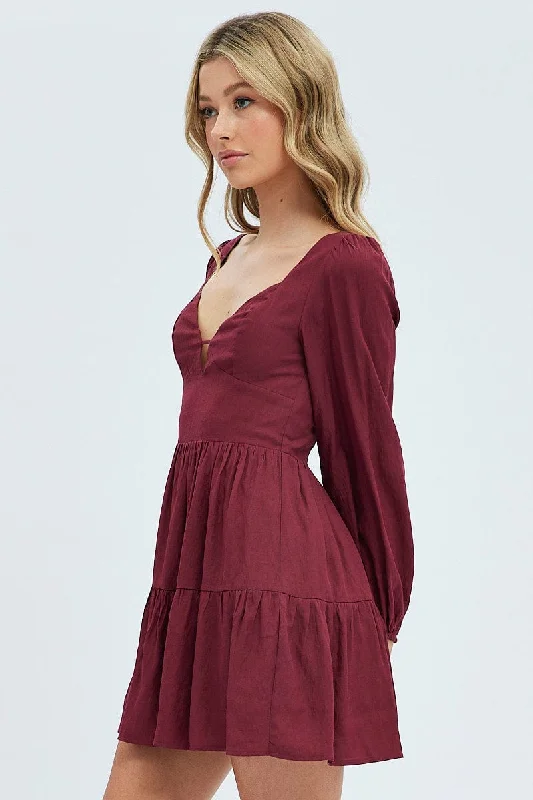 Purple Fit And Flare Dress Long Sleeve Mini