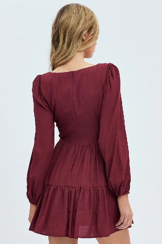 Purple Fit And Flare Dress Long Sleeve Mini