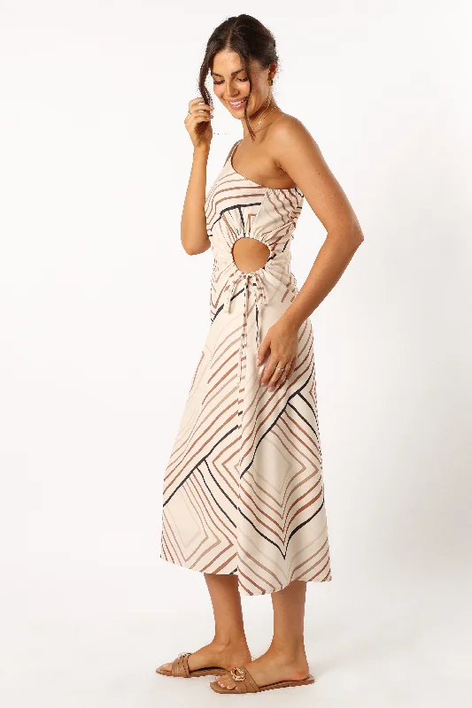 Ronnie One Shoulder Midi Dress - Tan Stripe