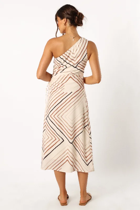 Ronnie One Shoulder Midi Dress - Tan Stripe