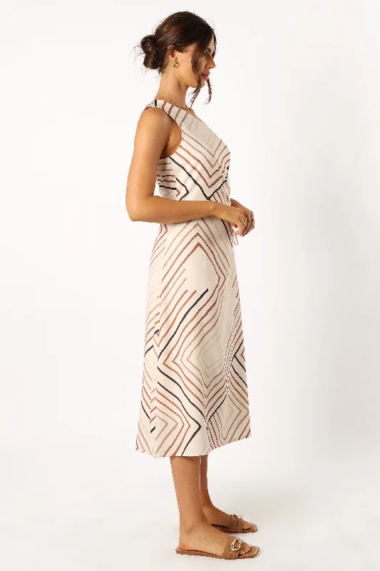 Ronnie One Shoulder Midi Dress - Tan Stripe