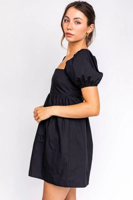 Rosemary Black Square Neck Puff Sleeve Babydoll Dress