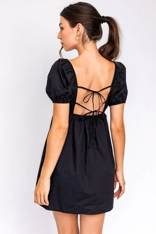 Rosemary Black Square Neck Puff Sleeve Babydoll Dress