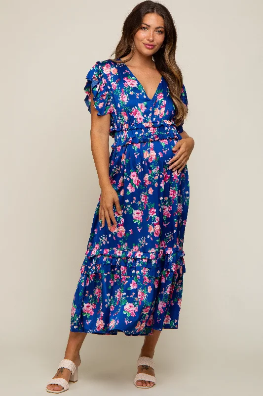 Royal Blue Floral Satin Ruffle Maternity Midi Dress