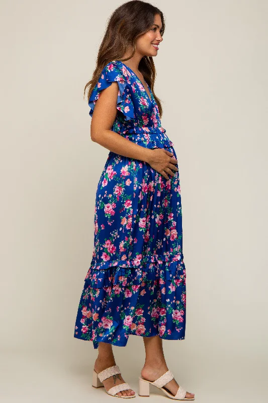 Royal Blue Floral Satin Ruffle Maternity Midi Dress