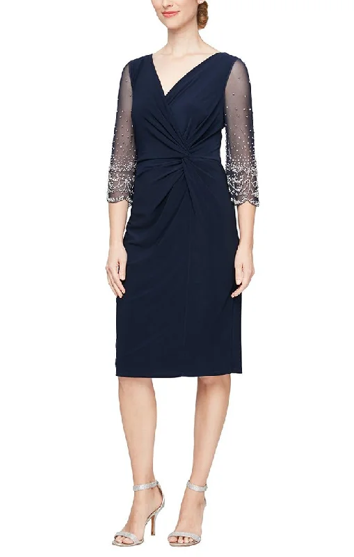 Matte Jersey Surplice Neckline Dress with Knot Front Detail & Embellished Sleeves