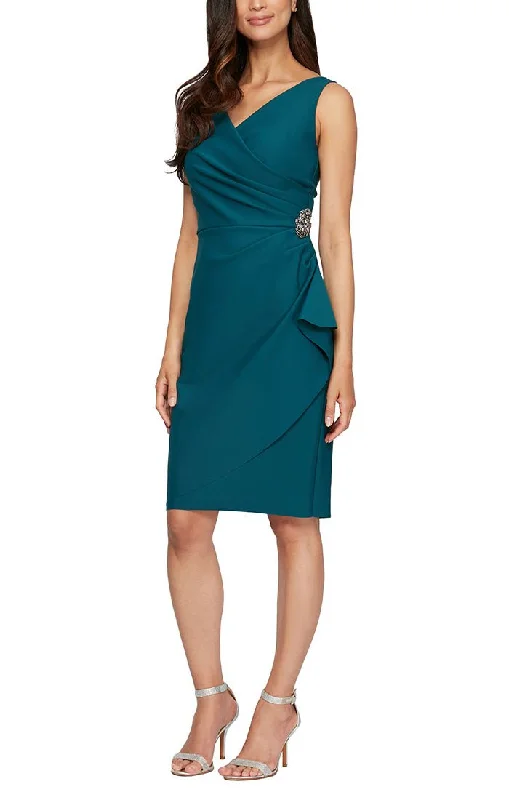 Short Side Ruched Compression Dress with Surplice Neckline, Cascade Ruffle Skirt & Beaded Detail at Hip