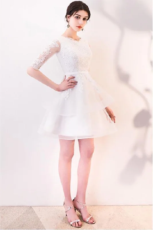 Short White Lace Ruffled Party Dress Homecoming Dresses With Half Sleeves PD063