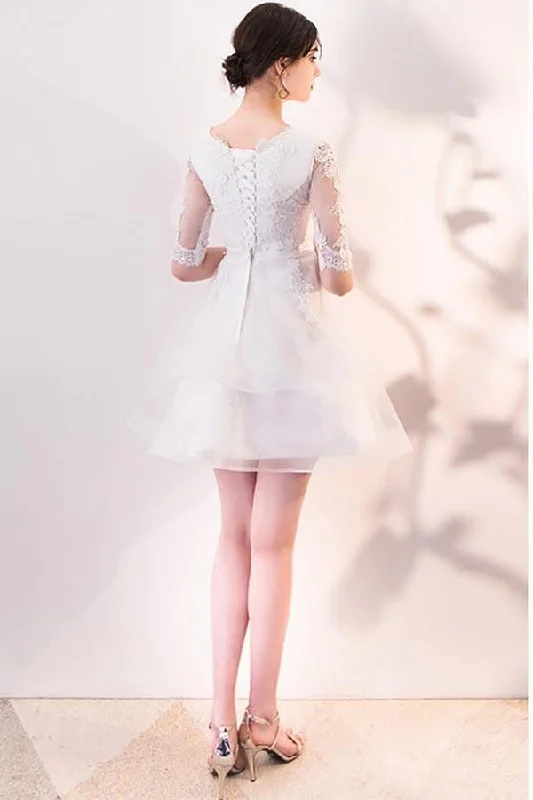 Short White Lace Ruffled Party Dress Homecoming Dresses With Half Sleeves PD063