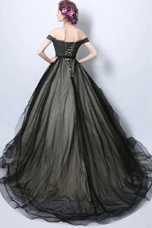 Simple Black Tulle Formal Dress Ball Gown With Off Shoulder Straps  PG705