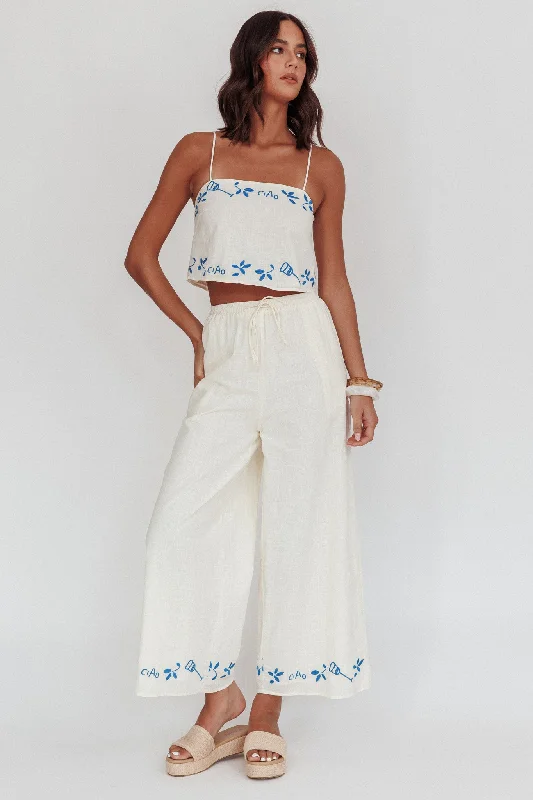 Sorrento Summer Embroidered Wide-Leg Pants Beige