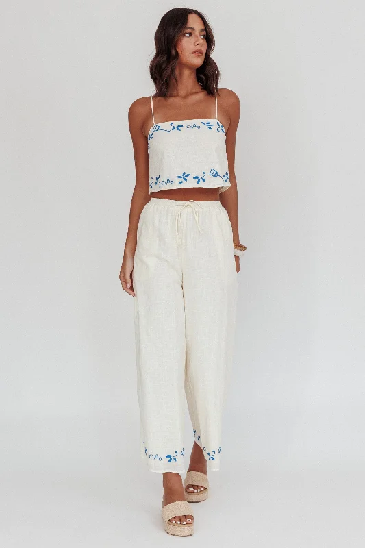 Sorrento Summer Embroidered Wide-Leg Pants Beige