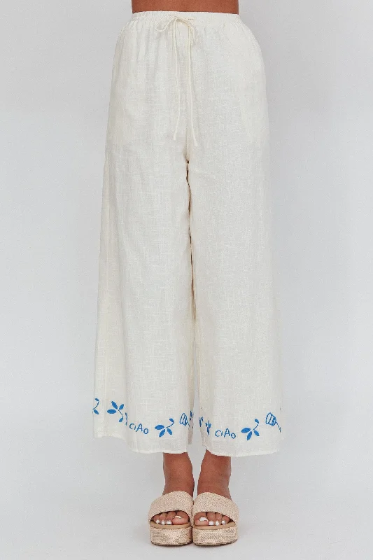 Sorrento Summer Embroidered Wide-Leg Pants Beige