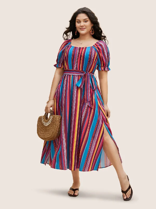 Striped Belted Slit Hem Lantern Sleeve Dress