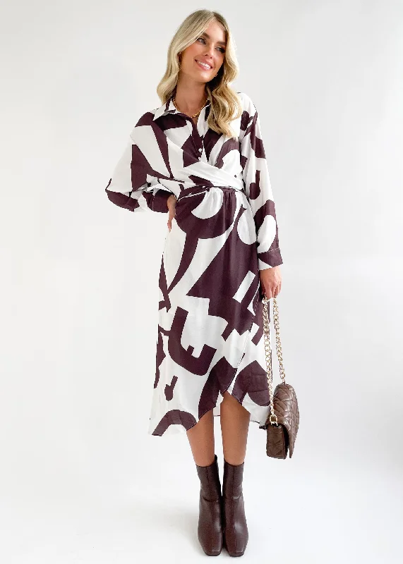 Traylan Tie Midi Dress - Chocolate Geo