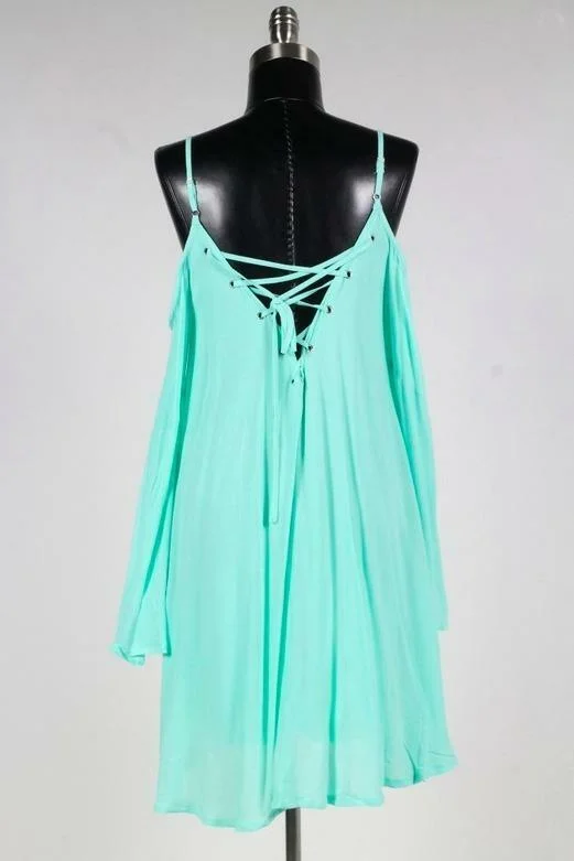 Welcome Back Mint Cold Shoulder Lace-Up Dress