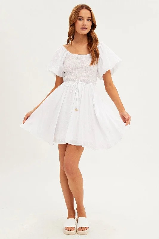 White Skater Dress Short Sleeve Round Neck Shirring