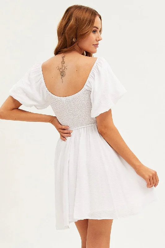 White Skater Dress Short Sleeve Round Neck Shirring