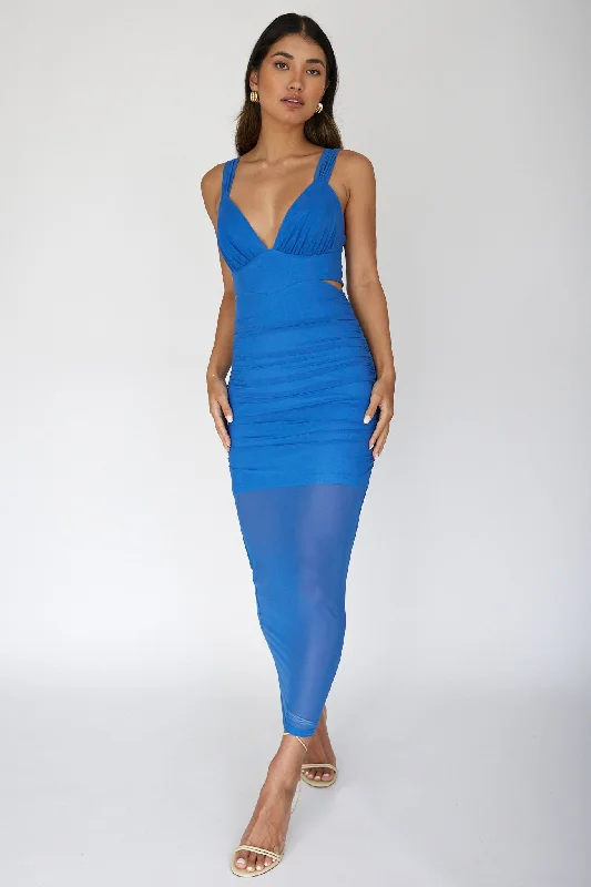 Willa Ruched Cut-Out Midi Dress Blue