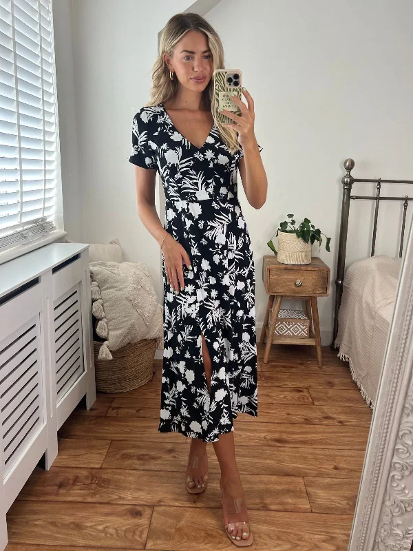 Winnie V Neck Midi Dress / Mono Floral