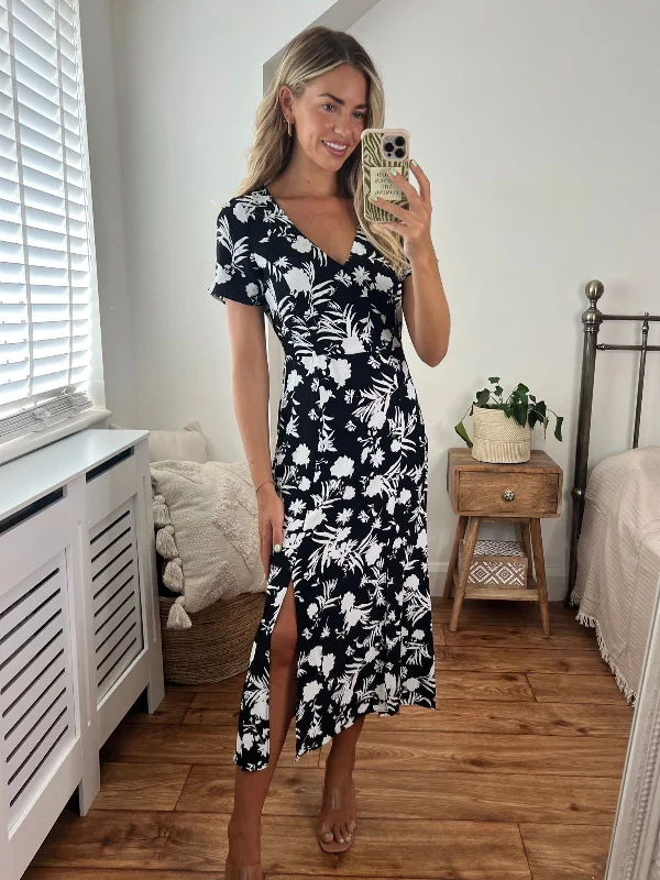 Winnie V Neck Midi Dress / Mono Floral