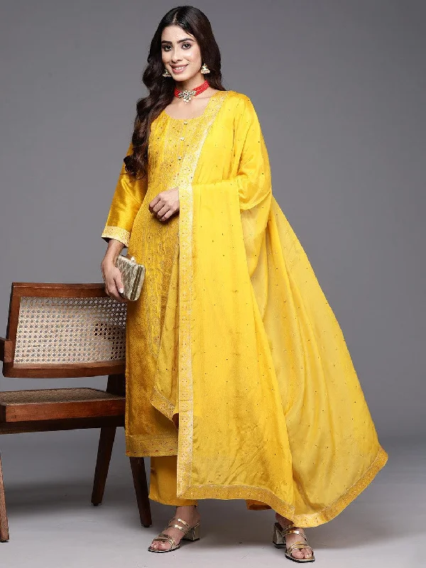 Yellow Woven Design Silk Blend Straight Suit With Dupatta