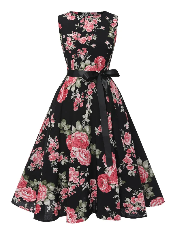 1950s Floral Bow Belt Vintage Dress