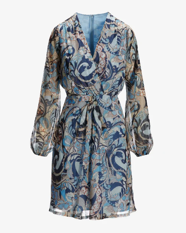 Autumn Paisley V Neck Twist Detail A Line Dress Blue/Neutral