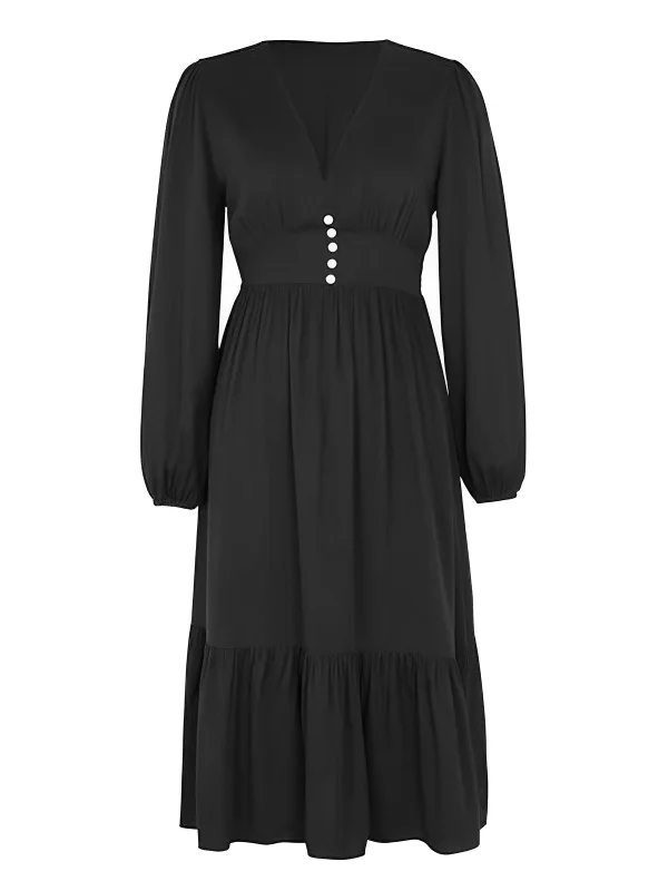 Black 1960s V-Neck Puff Sleeve Solid Dress