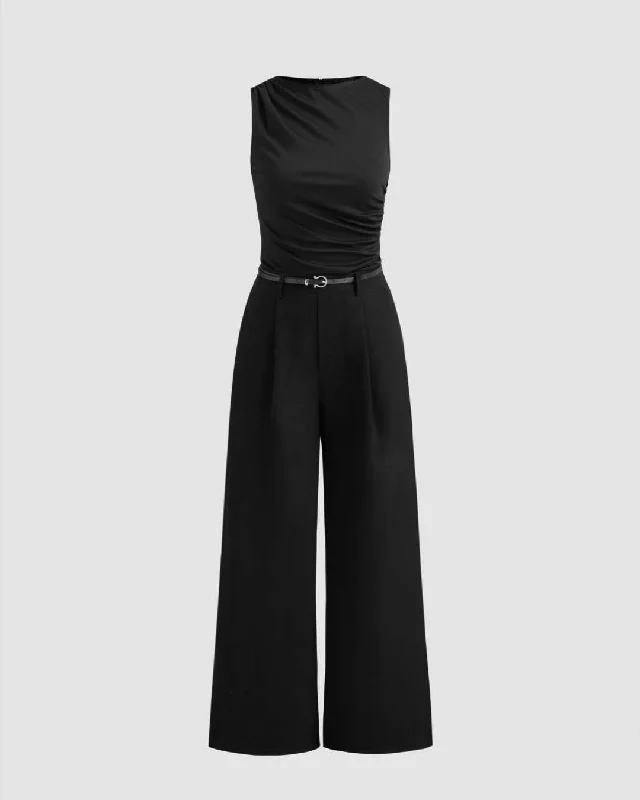 Boat Neck Plain Pleated Black Jumpsuit Without Belt