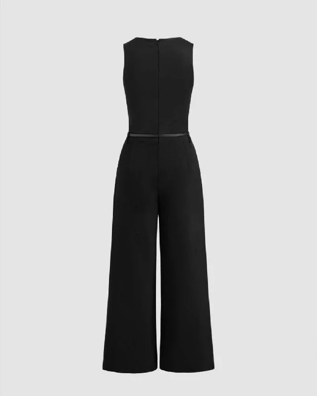 Boat Neck Plain Pleated Black Jumpsuit Without Belt