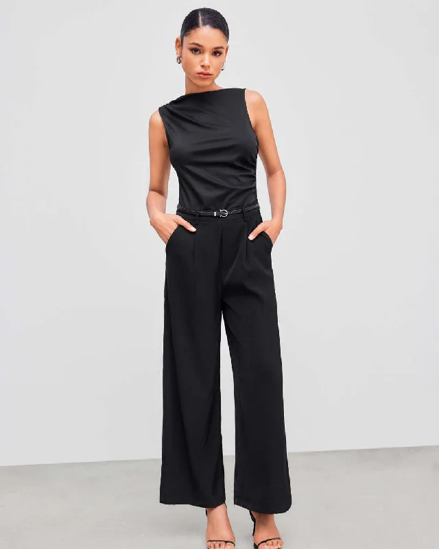 Boat Neck Plain Pleated Black Jumpsuit Without Belt