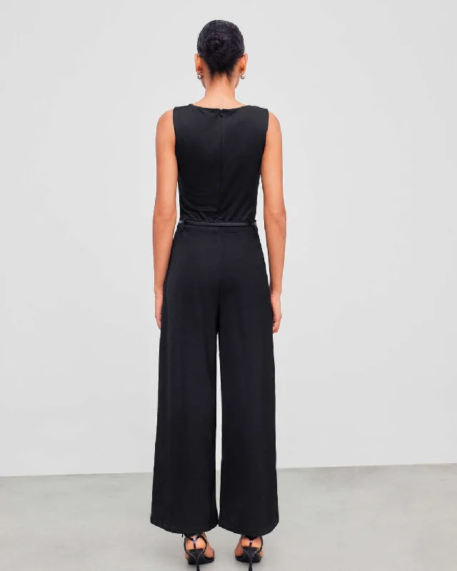 Boat Neck Plain Pleated Black Jumpsuit Without Belt