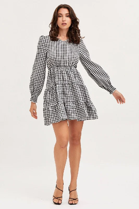 Check Skater Dress Long Sleeve Mini