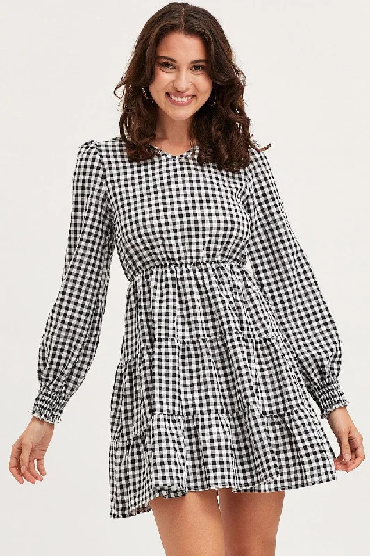 Check Skater Dress Long Sleeve Mini