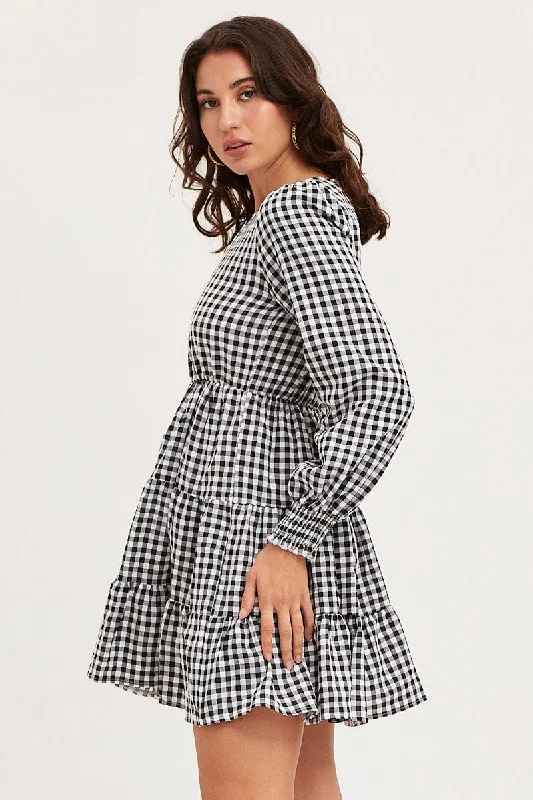 Check Skater Dress Long Sleeve Mini