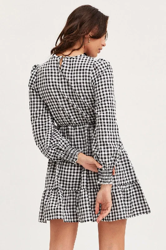 Check Skater Dress Long Sleeve Mini