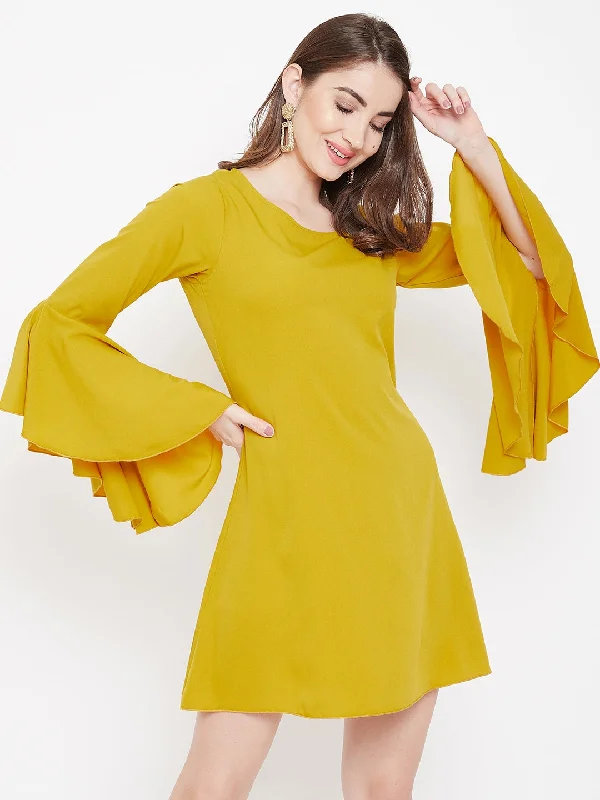 Berrylush Women Solid Yellow Round Neck Bell Sleeve A-Line Mini Dress