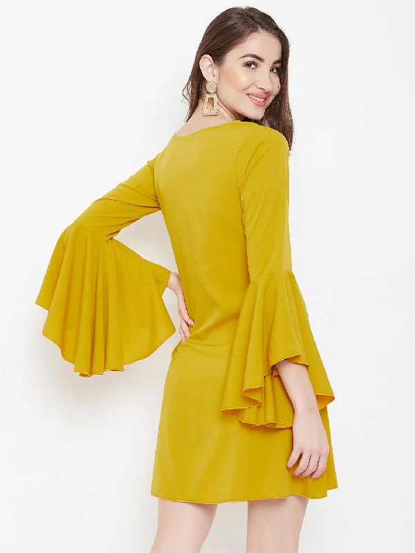 Berrylush Women Solid Yellow Round Neck Bell Sleeve A-Line Mini Dress