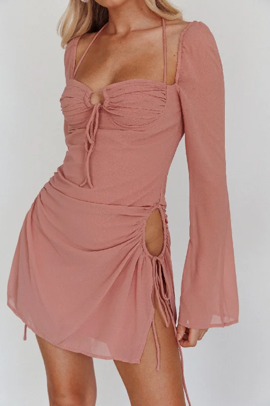 Etta Drawstring Long Sleeve Mini Dress Blush