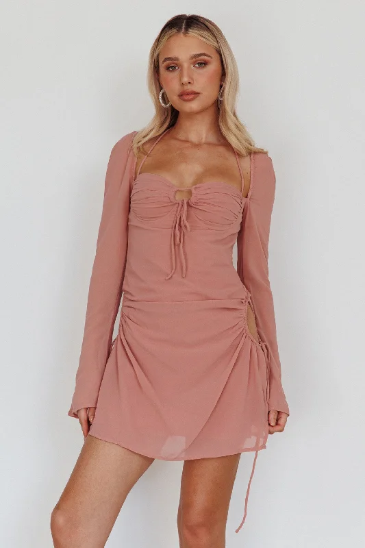 Etta Drawstring Long Sleeve Mini Dress Blush