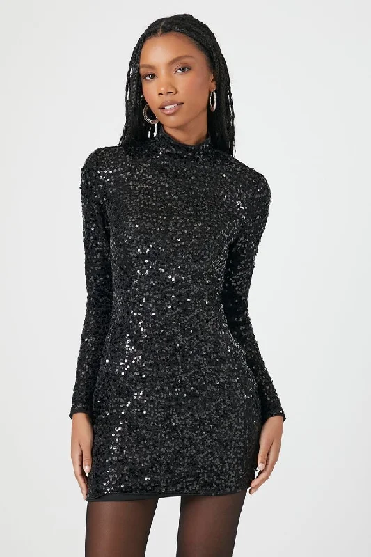 Forever 21 Women's Sequin Mock Neck Mini Dress Black